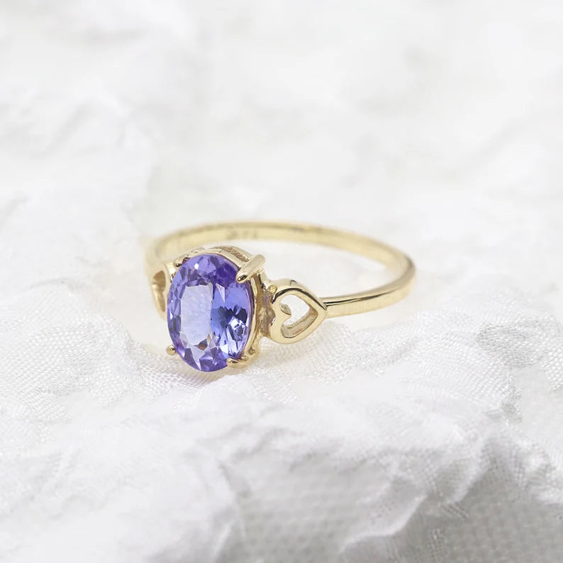 14K OVAL TANZANITE DOUBLE HEART RING (BIG VERSION)