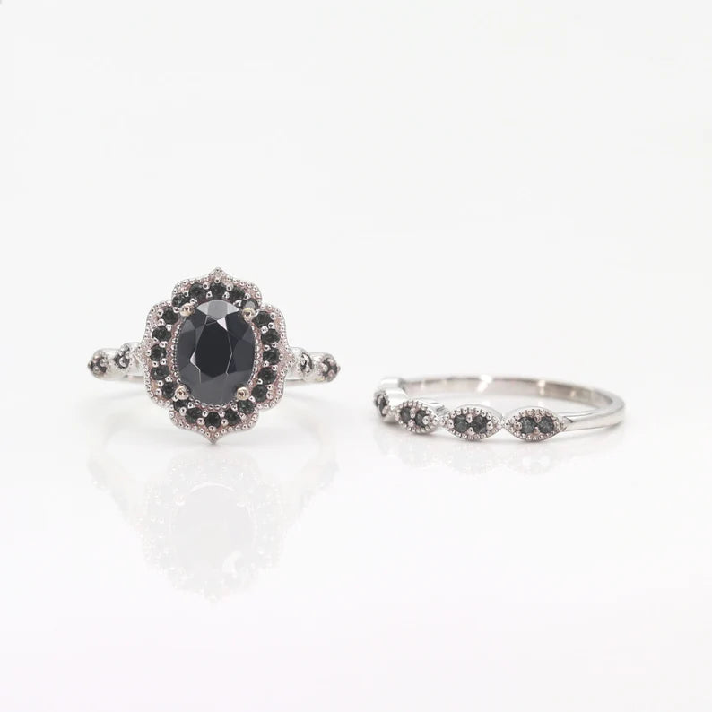 14K BLACK ONYX FLORAL ENGAGEMENT RING