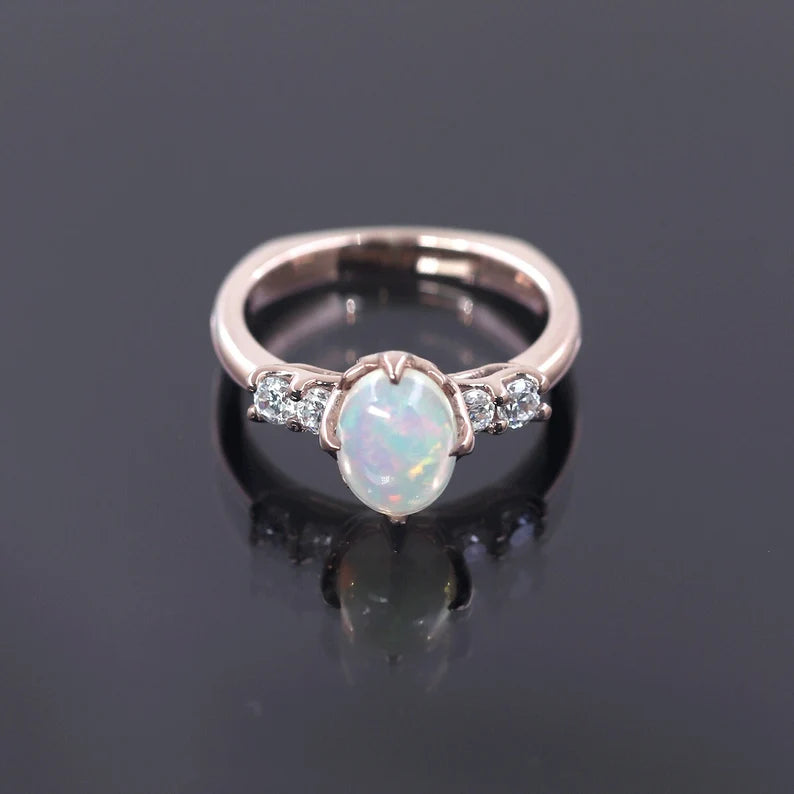 14K OVAL OPAL DIAMOND SQUARE BOTTOM RING