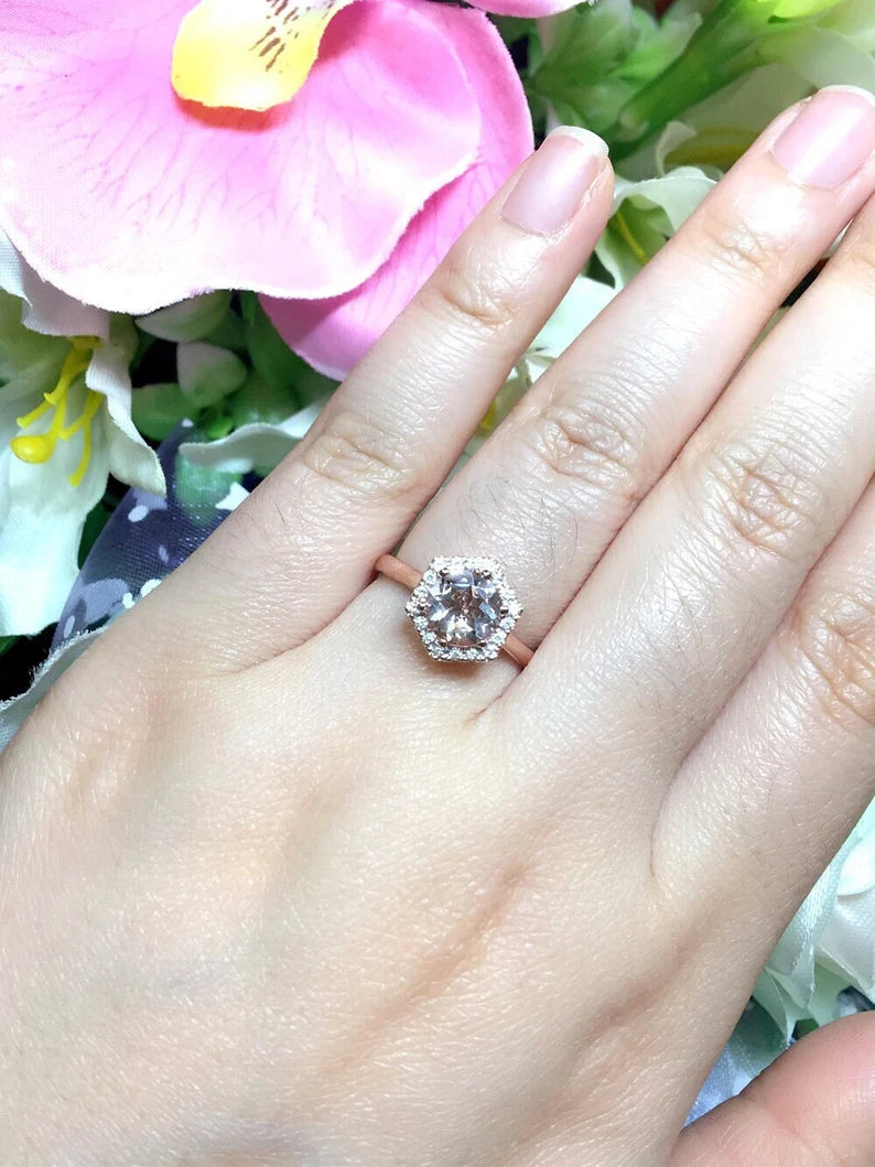 14K MORGANITE DIAMOND HALO HEXAGON SOLITAIRE RING