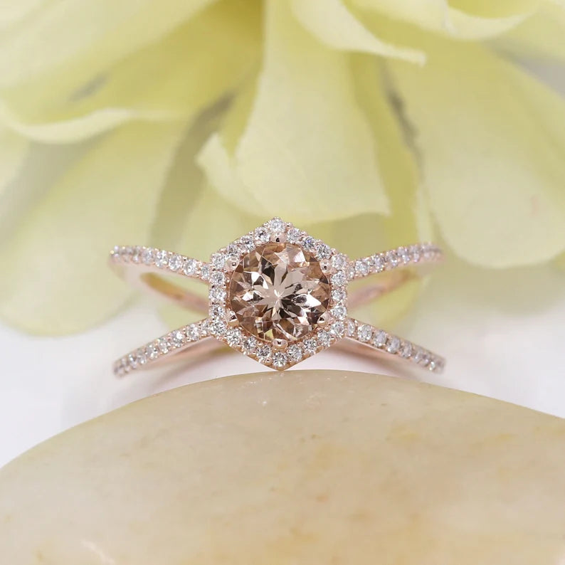 14K MORGANITE DIAMOND HALO HEXAGON DOUBLE BAND RING