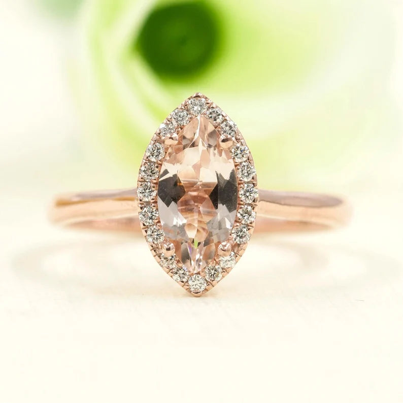 14K MARQUISE MORGANITE DIAMOND HALO SOLITAIRE RING