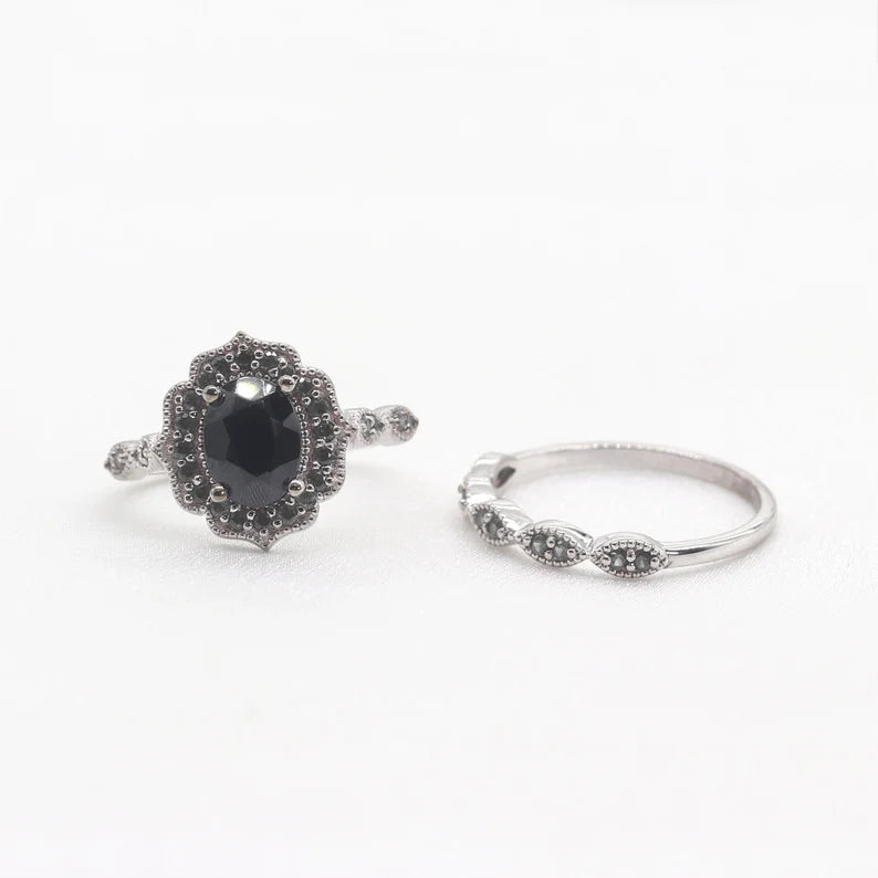 14K BLACK ONYX FLORAL ENGAGEMENT RING