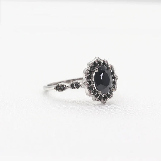 14K BLACK ONYX FLORAL ENGAGEMENT RING