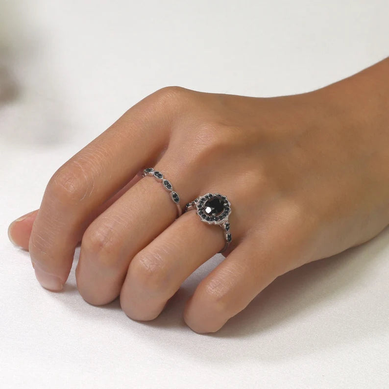 14K BLACK ONYX FLORAL ENGAGEMENT RING