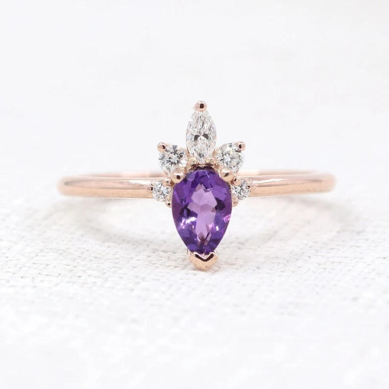 14K PEAR AMETHYST DIAMOND CROWN RING