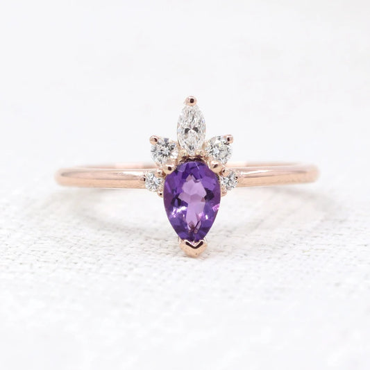 14K PEAR AMETHYST DIAMOND CROWN RING