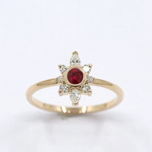 14K RUBY BEZEL DIAMOND FLOWER RING