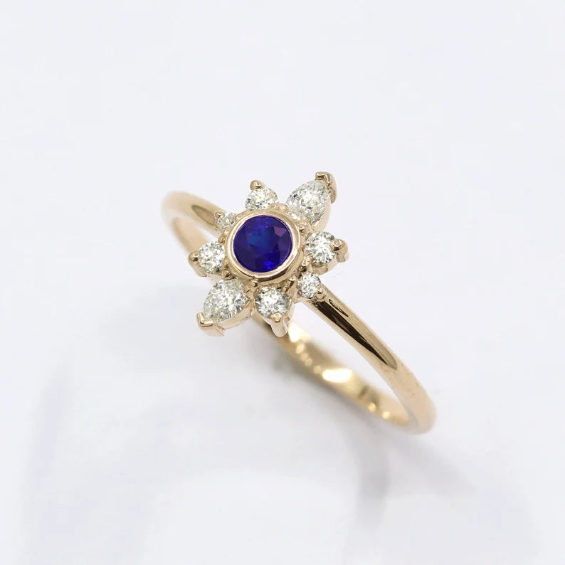 14K SAPPHIRE BEZEL DIAMOND FLOWER RING