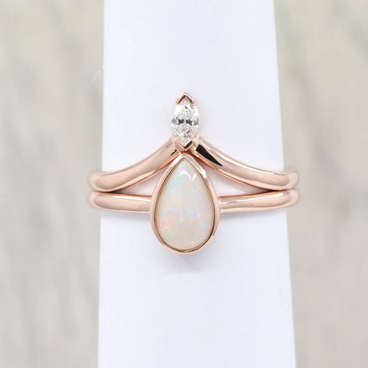 14K PEAR OPAL BEZEL RING MARQUISE DIAMOND CHEVRON BAND 2 RING SET