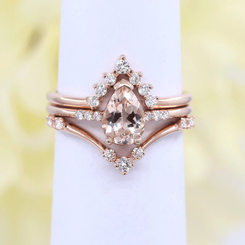 14K PEAR MORGANITE RING DIAMOND CHEVRON BAND 3 RING SET