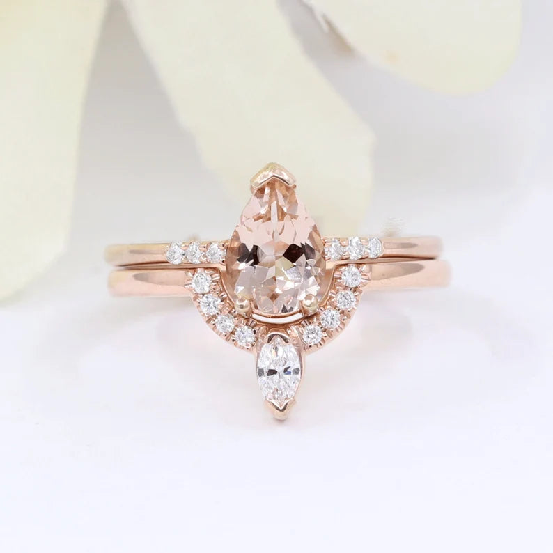 14K PEAR MORGANITE RING MARQUISE DIAMOND CROWN U BAND 2 RING SET