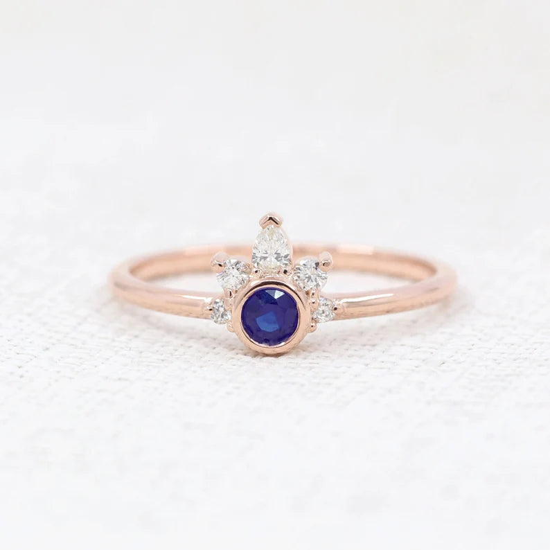 14K SAPPHIRE BEZEL DIAMOND CROWN RING