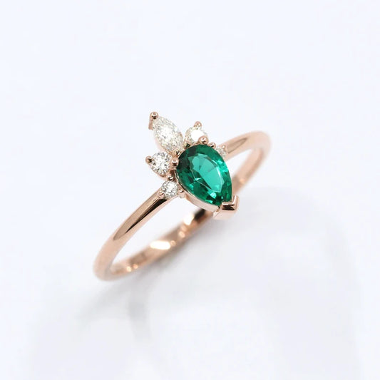 14K LAB EMERALD DIAMOND CROWN RING