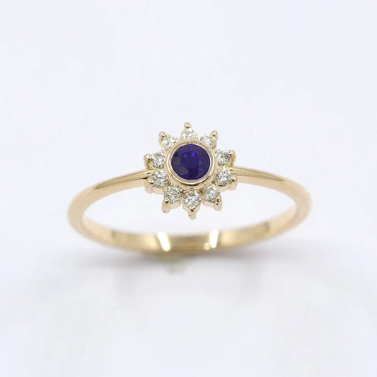 14K SAPPHIRE BEZEL DIAMOND FLOWER RING