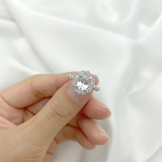 14K WHITE SAPPHIRE DIAMOND FLORAL ENGAGEMENT RING