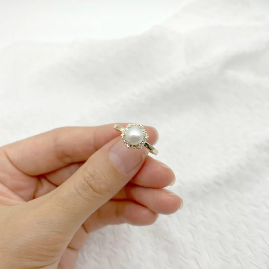 14K PEARL DIAMOND HALO HEXAGON RING