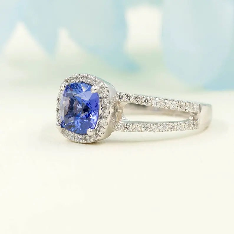 14K CUSHION TANZANITE DIAMOND HALO DOUBLE BAND RING