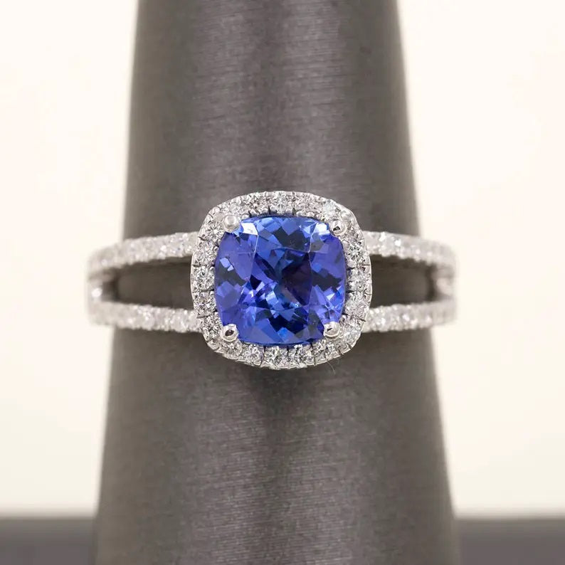 14K CUSHION TANZANITE DIAMOND HALO DOUBLE BAND RING