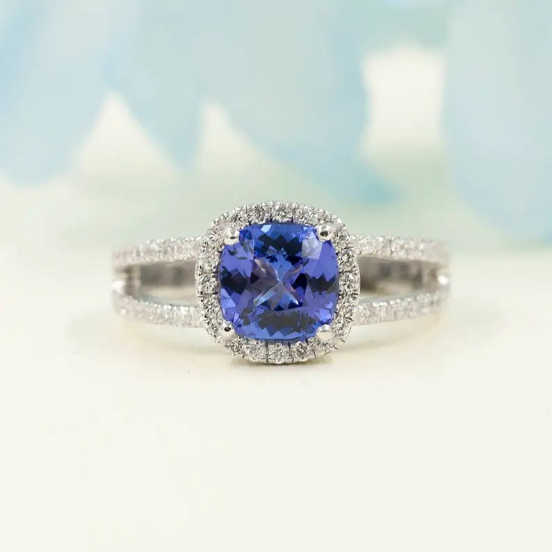 14K CUSHION TANZANITE DIAMOND HALO DOUBLE BAND RING