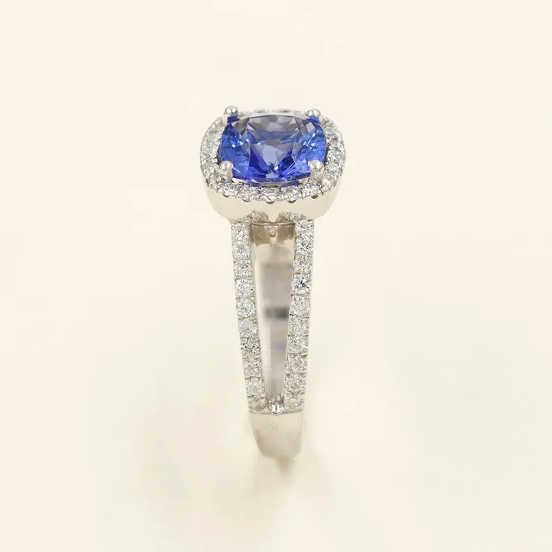 14K CUSHION TANZANITE DIAMOND HALO DOUBLE BAND RING