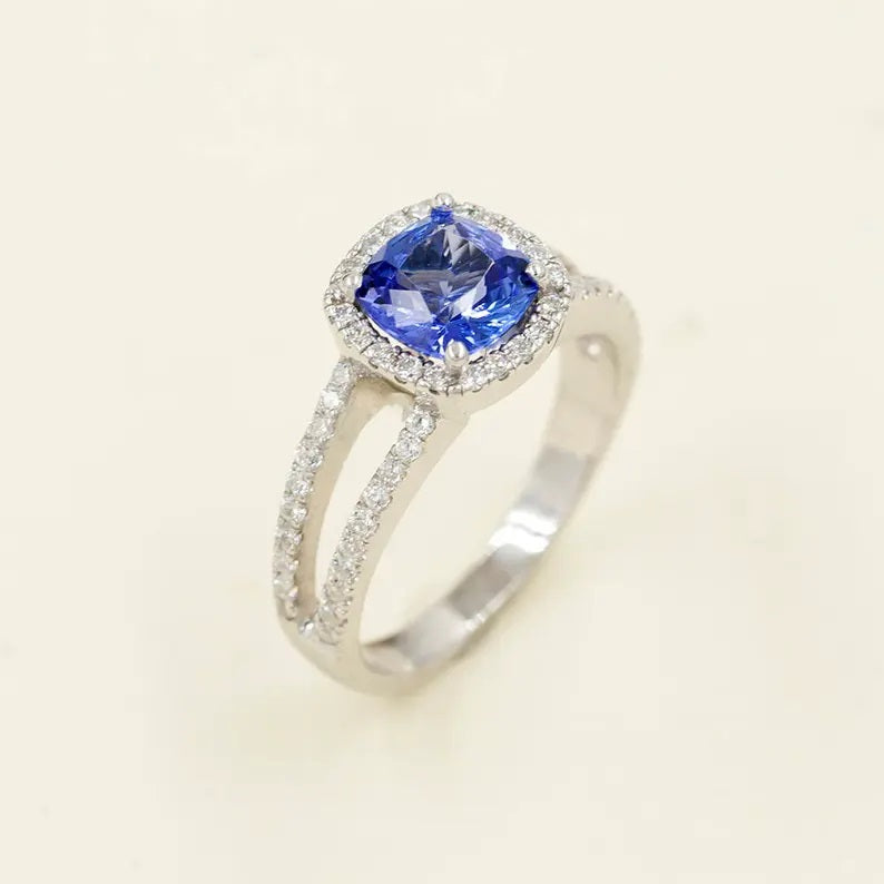 14K CUSHION TANZANITE DIAMOND HALO DOUBLE BAND RING