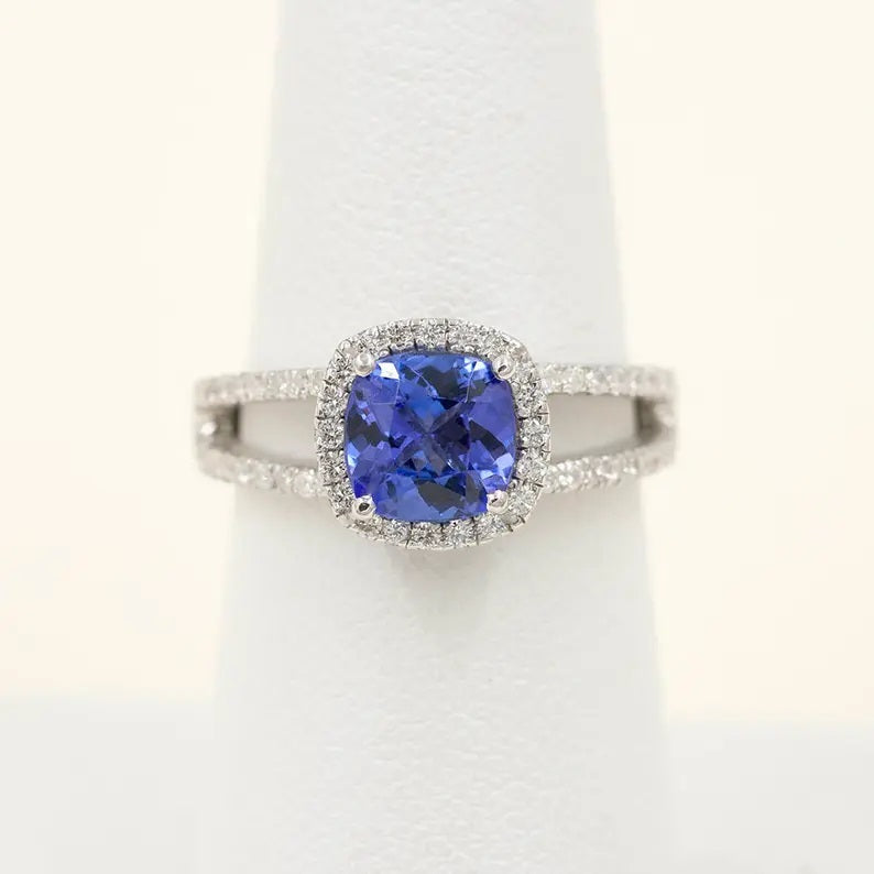 14K CUSHION TANZANITE DIAMOND HALO DOUBLE BAND RING